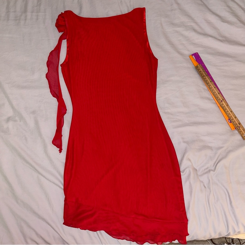 Princess Polly 4 Lorello Mini Red Dress, One Shoulder Rosette Ruffle Trim - Picture 9 of 12